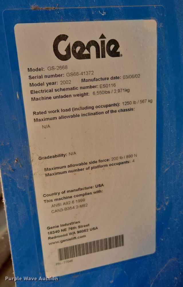 image for item EC1106 2002 Genie GS-2668 scissor lift