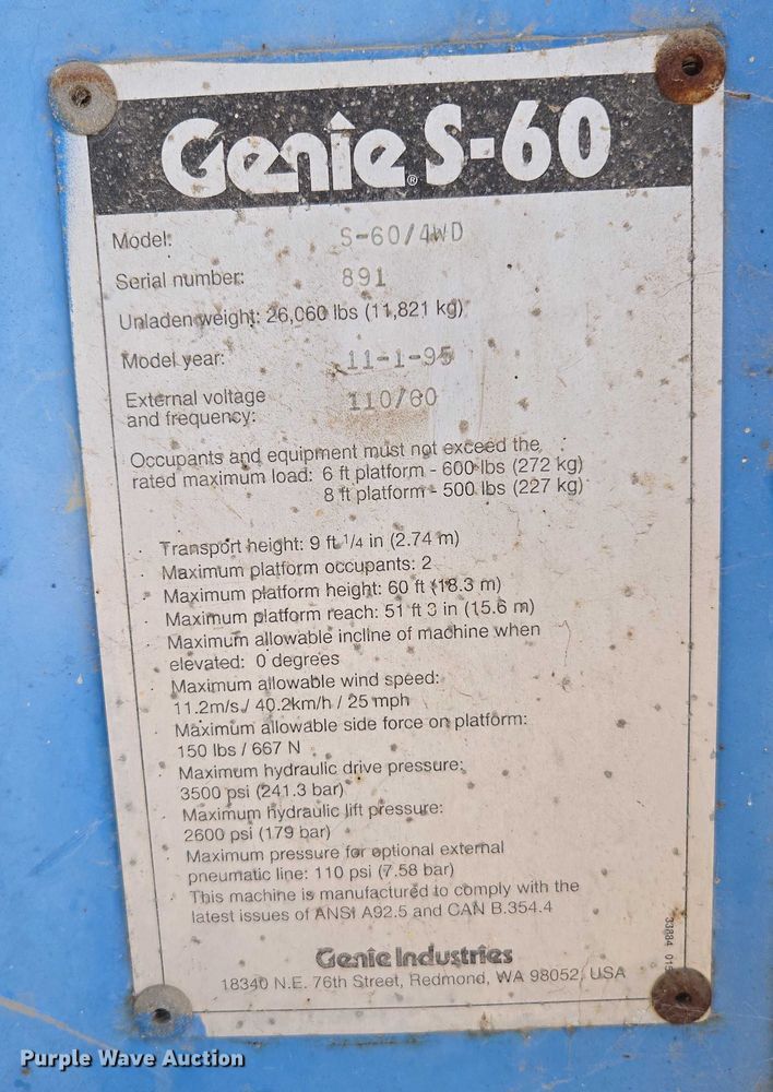 image for item EC1109 1995 Genie S-60 boom lift