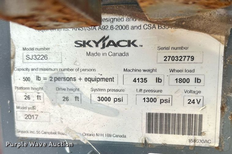 image for item EK8393 2017 Skyjack SJ3226 scissor lift