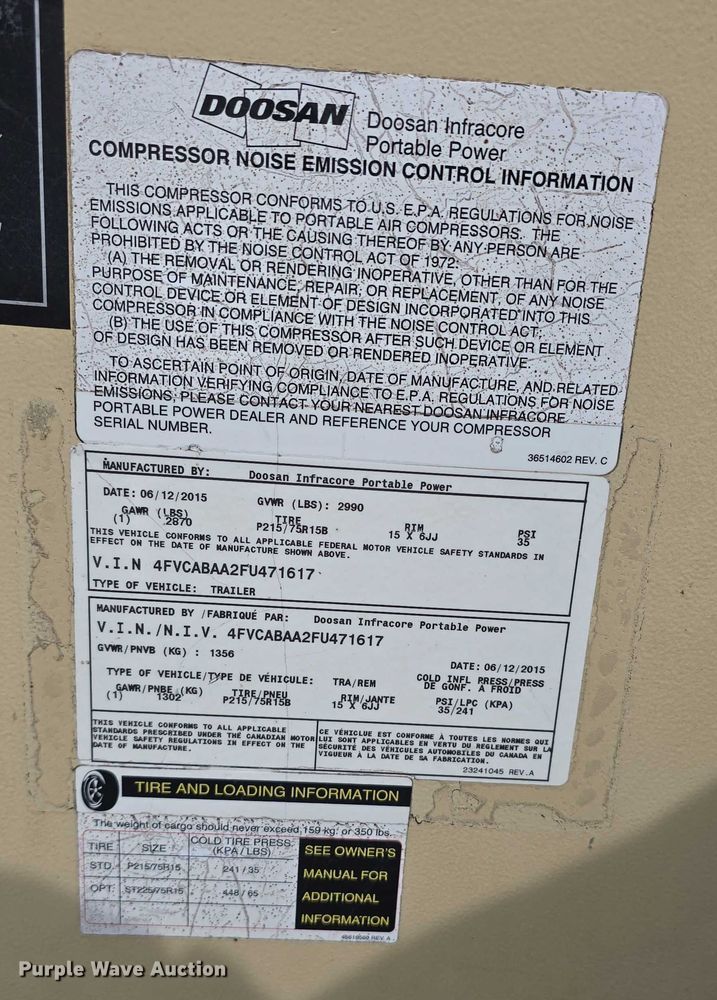 image for item EO1595 2015 Doosan P185WDZ-T4F air compressor