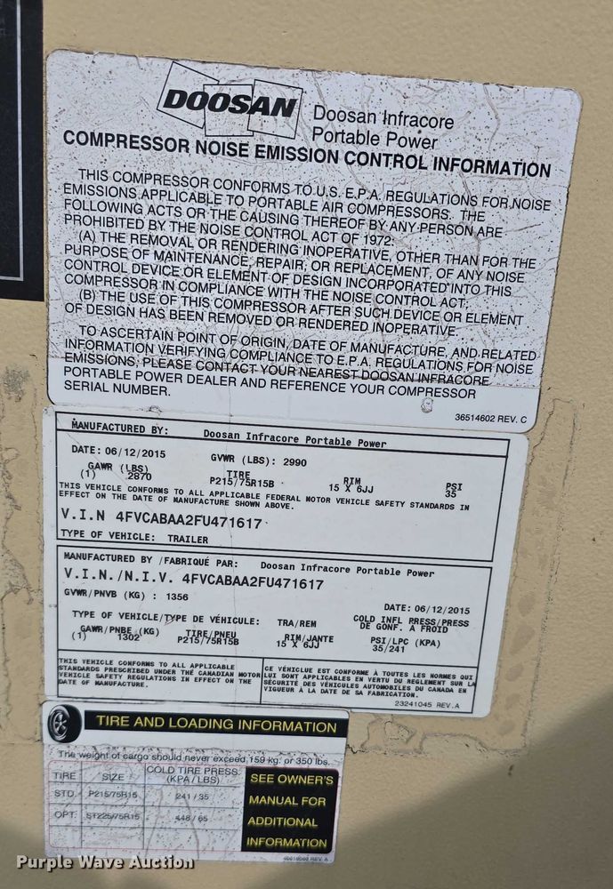 image for item EO1595 2015 Doosan P185WDZ-T4F air compressor