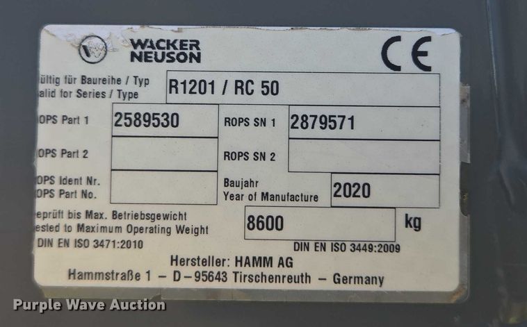image for item YA0748 2021 Wacker Neuson RC50 single drum vibratory roller