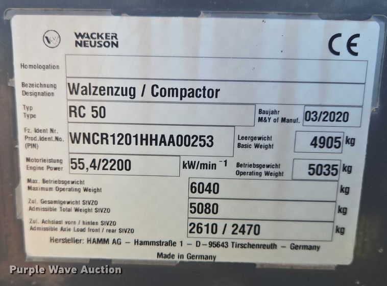 image for item YA0748 2021 Wacker Neuson RC50 single drum vibratory roller