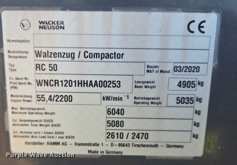image for item YA0748 2021 Wacker Neuson RC50 single drum vibratory roller