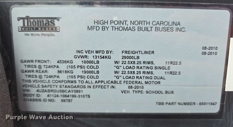 image for item DT6967 2011 Thomas Built Buses Saf-T-Liner school bus