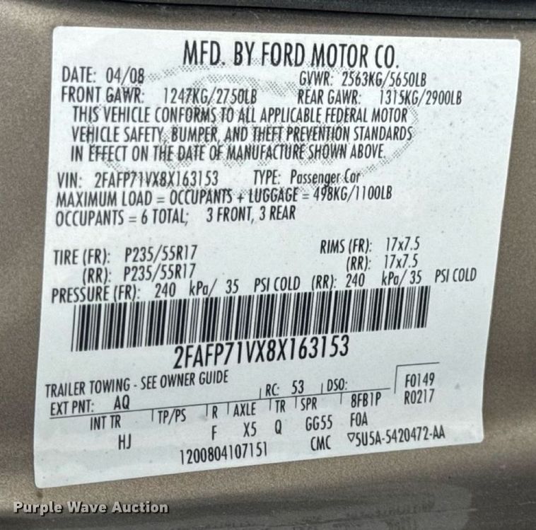 image for item DW3429 2008 Ford Crown Victoria Police Interceptor 