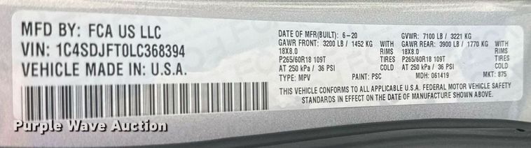 image for item DY0414 2020 Dodge Durango SUV