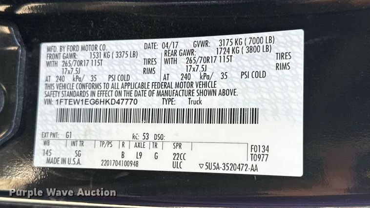 image for item DY0417 2017 Ford F150 SuperCrew pickup truck