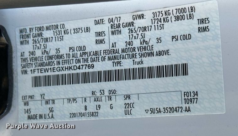 image for item DY0420 2017 Ford F150 SuperCrew pickup truck