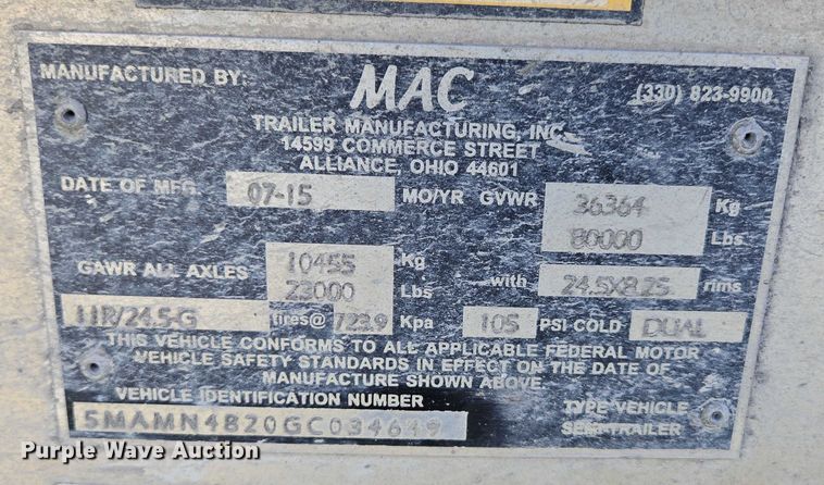 image for item DY0421 2016 Mac refuse trailer