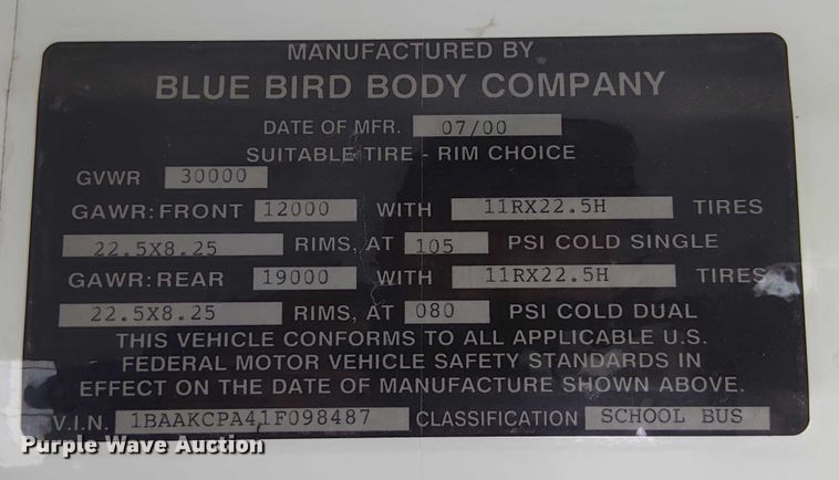 image for item DY0455 2001 Blue Bird TC2000 school bus