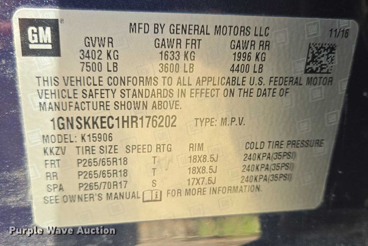 image for item DY0990 2017 Chevrolet Suburban SUV