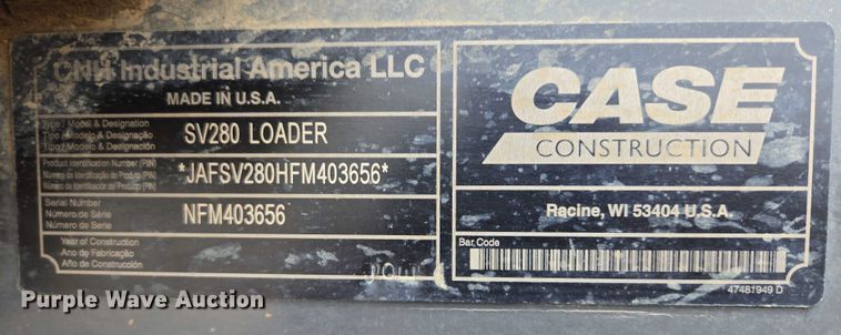 image for item DY1080 2015 Case SV280 tracked skid steer loader