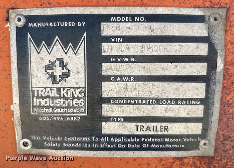 image for item DZ8532 1987 Trail King TK80-4560 drop deck equipment trailer