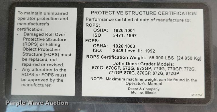 image for item EA2513 2014 John Deere 672G motor grader