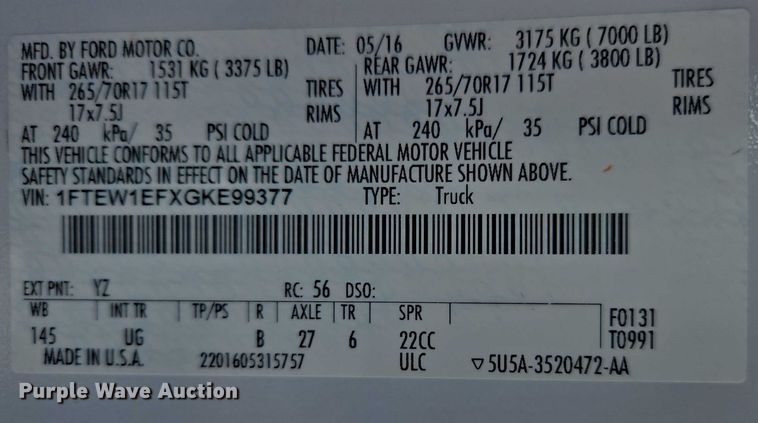 image for item EC3442 2016 Ford F150 SuperCrew pickup truck