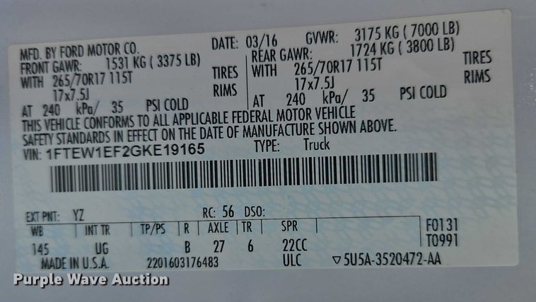 image for item EC3443 2016 Ford F150 SuperCrew pickup truck