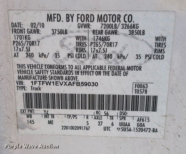 image for item EC3447 2010 Ford F150 SuperCrew pickup truck