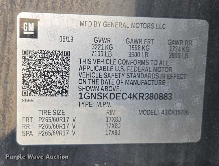 image for item EF1938 2019 Chevrolet Tahoe Police SUV