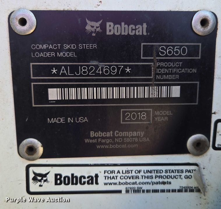 image for item EF1939 2018 Bobcat S650 skid steer loader
