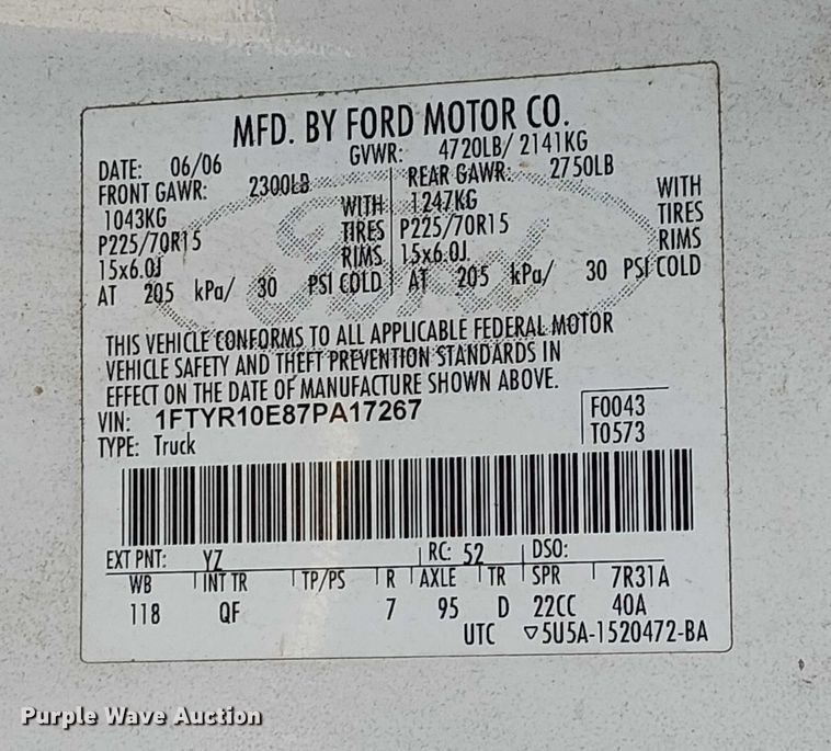 image for item EG8559 2007 Ford Ranger pickup truck