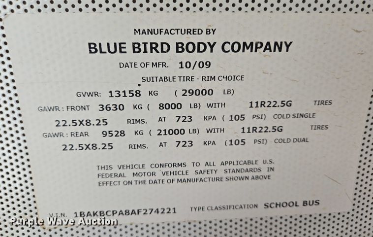 image for item EN8307 2010 Blue Bird school bus