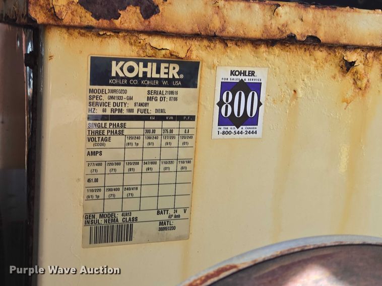 image for item EQ4105 2006 Kohler 300REOZDD generator