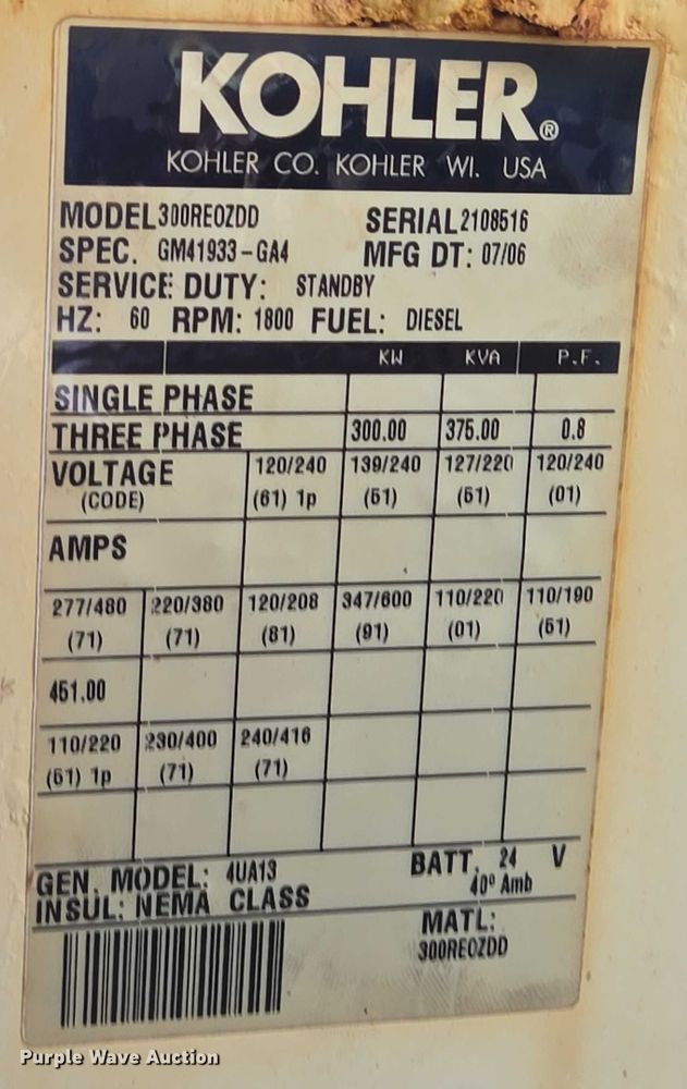 image for item EQ4105 2006 Kohler 300REOZDD generator