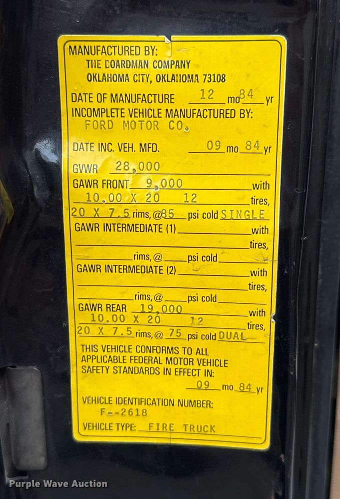 image for item EU2053 1985 Ford F827 pumper fire truck