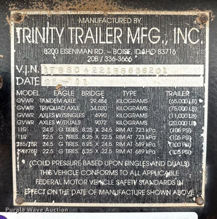 image for item DX7983 2011 Trinity Eagle Bridge live bottom trailer