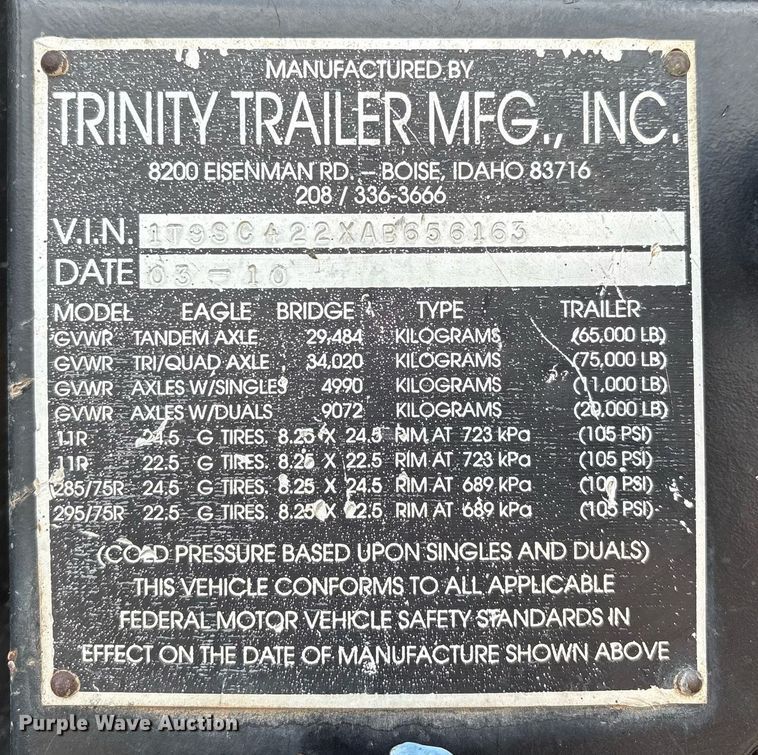 image for item DX7989 2010 Trinity Eagle Bridge live bottom trailer