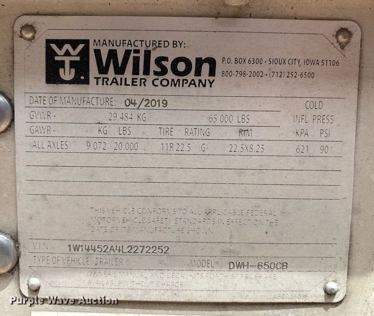 image for item DX8054 2020 Wilson DWH-650CB grain trailer