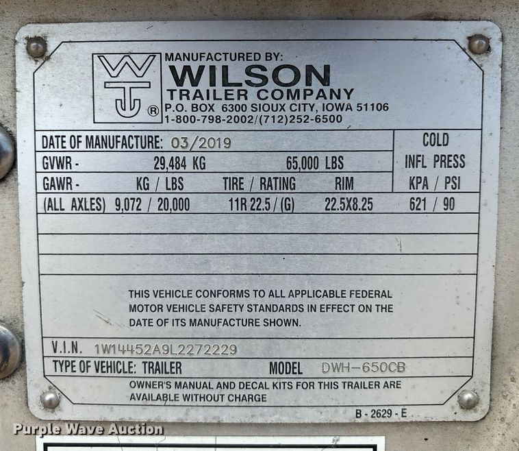 image for item DX8055 2020 Wilson DWH-650CB grain trailer