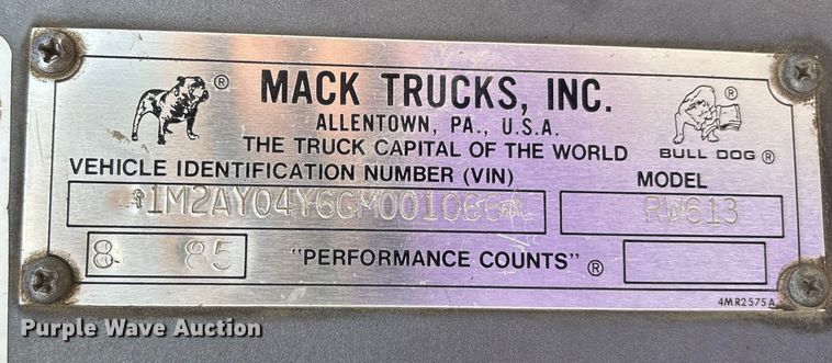 image for item DW7248 1985 Mack RW613 truck cab and chassis
