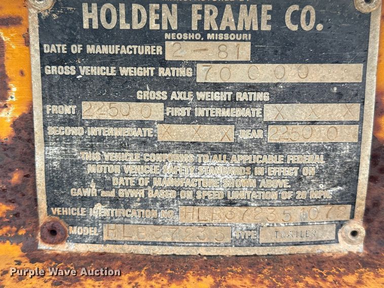 image for item DZ8822 1981 Holden Frame Co. HLB37235 drop deck equipment trailer