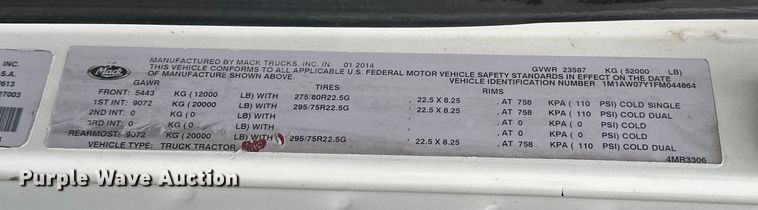 image for item EB2700 2015 Mack CXU613 semi truck