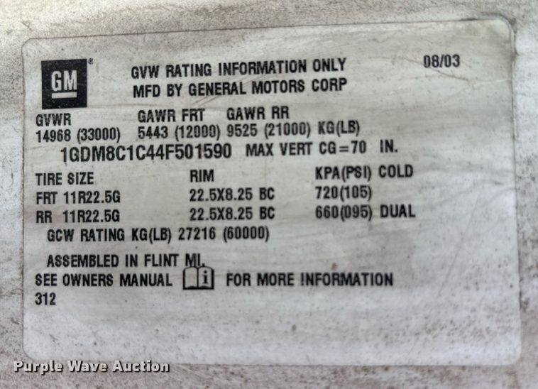 image for item EC4353 2004 GMC C8500 side curtain box truck