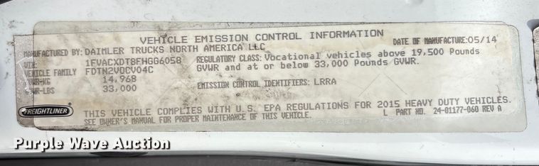 image for item EC4380 2015 Freightliner Business Class M2 truck cab and chassis