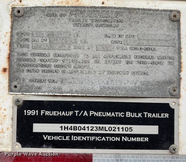 image for item EM5073 1991 Fruehauf pneumatic dry bulk trailer