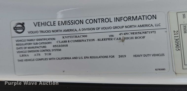 image for item EU3536 2019 Volvo Truck VNL semi truck