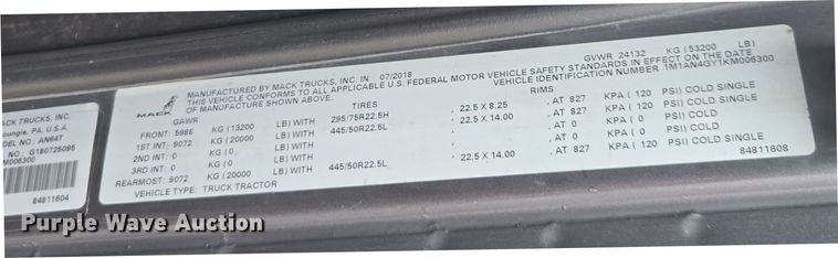 image for item FB9445 2019 Mack AN64T semi truck