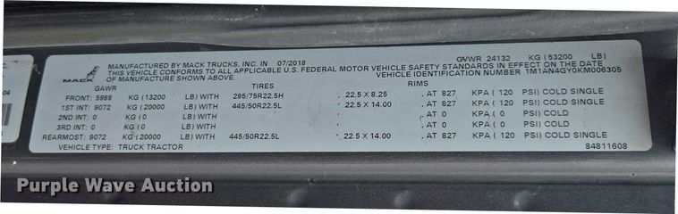 image for item FB9446 2019 Mack AN64T semi truck