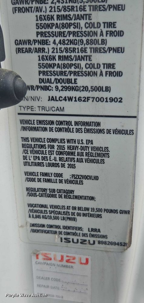 image for item YA0527 2015 Isuzu NPR box truck