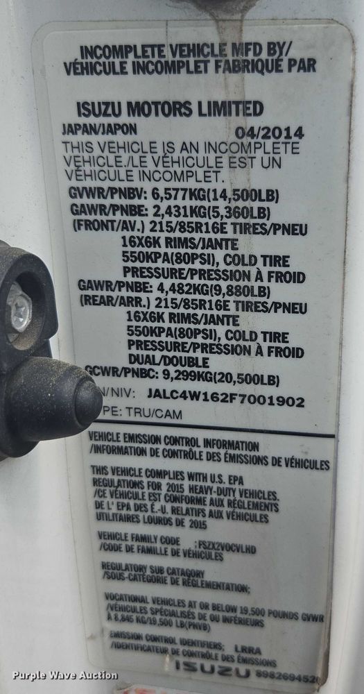 image for item YA0527 2015 Isuzu NPR box truck