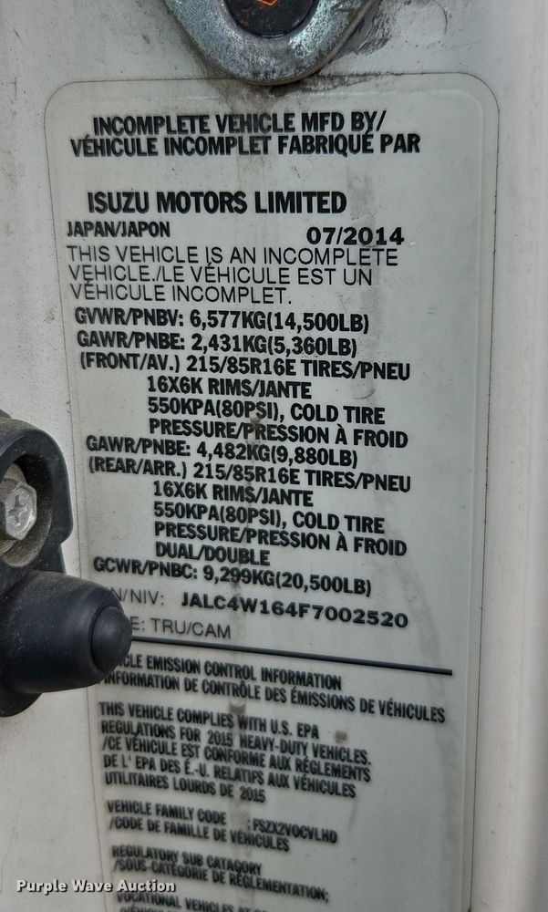 image for item YA0528 2015 Isuzu NPR box truck