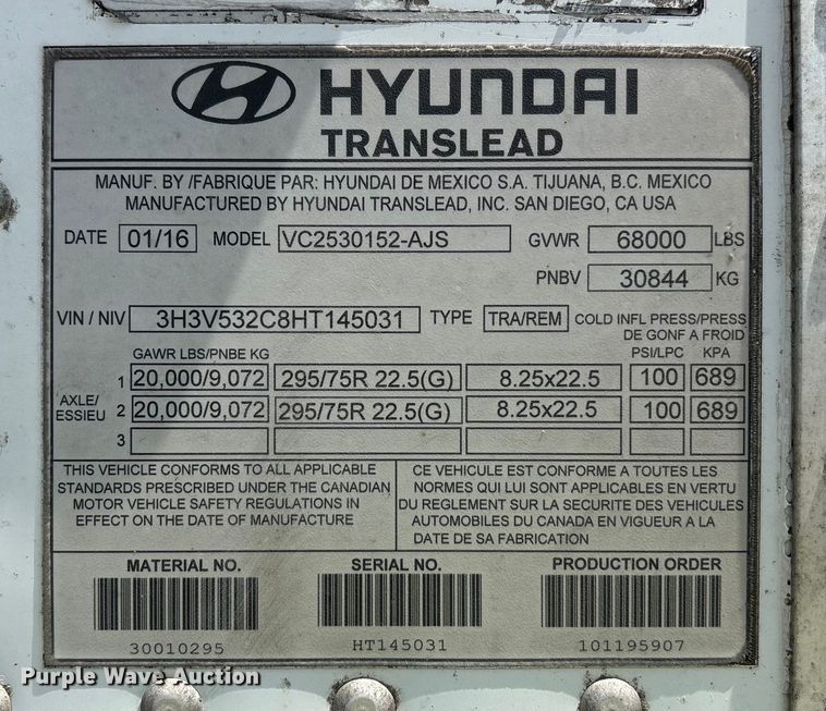 image for item YA0727 2017 Hyundai Translead VC2530152-AJS dry van trailer