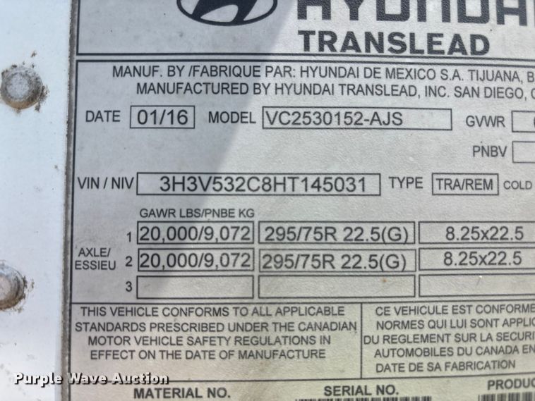 image for item YA0727 2017 Hyundai Translead VC2530152-AJS dry van trailer