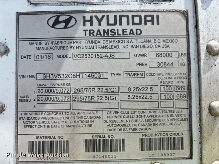 image for item YA0727 2017 Hyundai Translead VC2530152-AJS dry van trailer