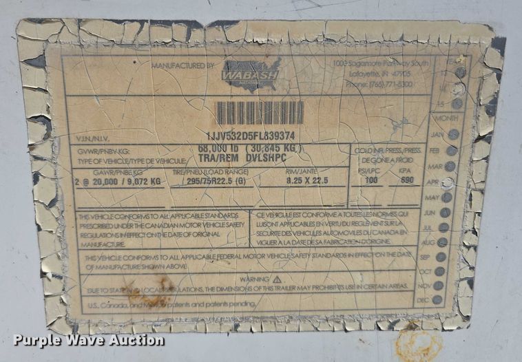 image for item DR3967 2015 Wabash DVLSHPC dry van trailer