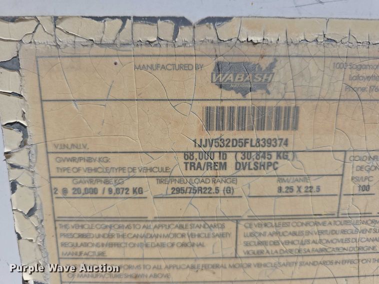 image for item DR3967 2015 Wabash DVLSHPC dry van trailer